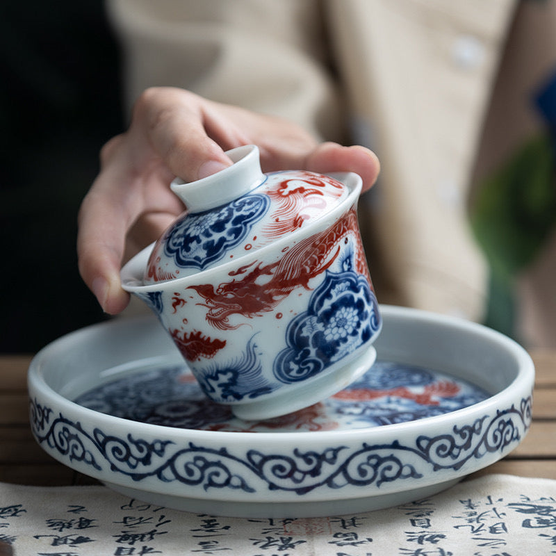 Flying Dragon | Jingdezhen Blue and White with Underglaze Red | Gongfu Tea Set