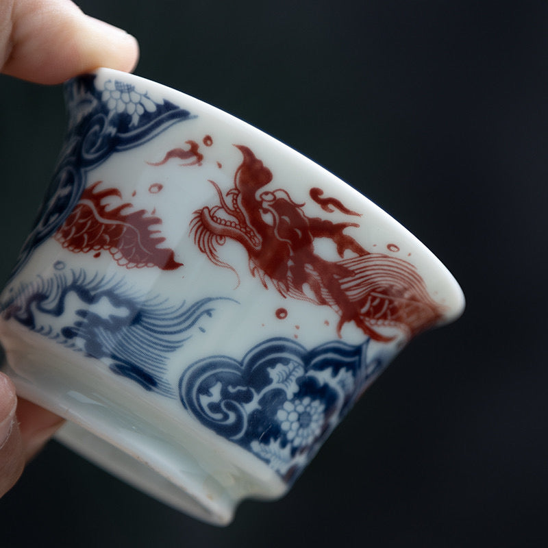 Flying Dragon | Jingdezhen Blue and White Underglaze Red | Horsehoof Gaiwan