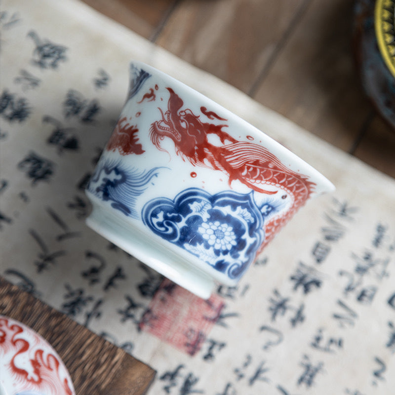 Flying Dragon | Jingdezhen Blue and White Underglaze Red | Horsehoof Gaiwan