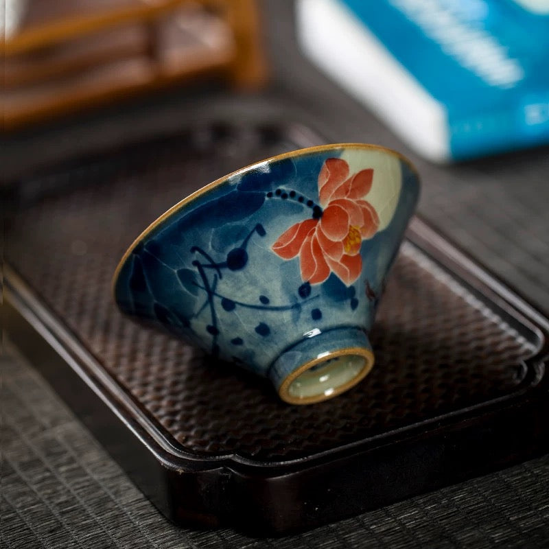 Artisan Lotus Bamboo Hat Cup | Handcrafted Blue & White Gongfu Style Teaware