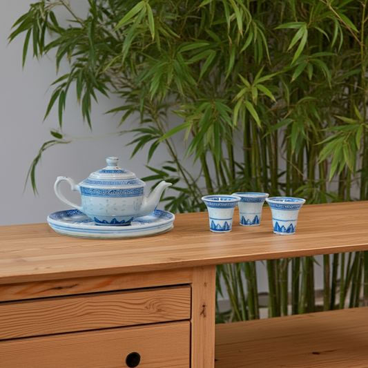 Famous Jingdezhen Tea Set | Blue & White Rice-Pattern Tea Set