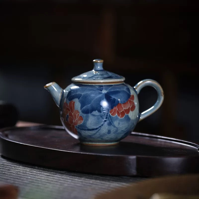 Artisan Lotus Teapot | Handcrafted Blue & White Gongfu Style Teaware