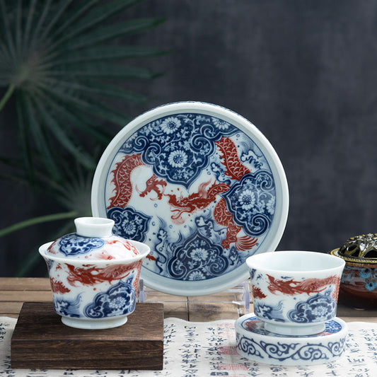 Flying Dragon | Jingdezhen Blue and White with Underglaze Red | Gongfu Tea Set