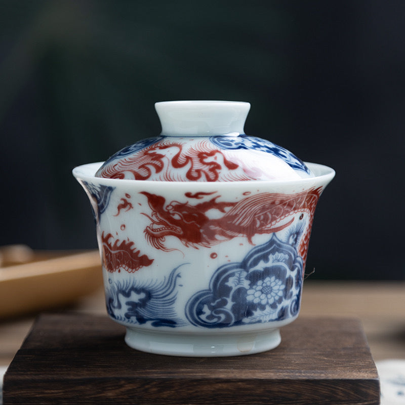 Flying Dragon | Jingdezhen Blue and White Underglaze Red | Horsehoof Gaiwan