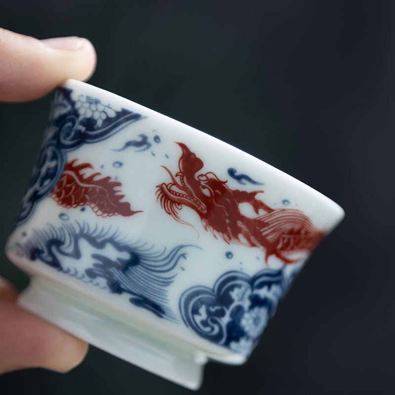 Flying Dragon | Jingdezhen Blue & White Underglaze Red | Horsehoof Cup, Gongfu Tea Cup, Tea Cup