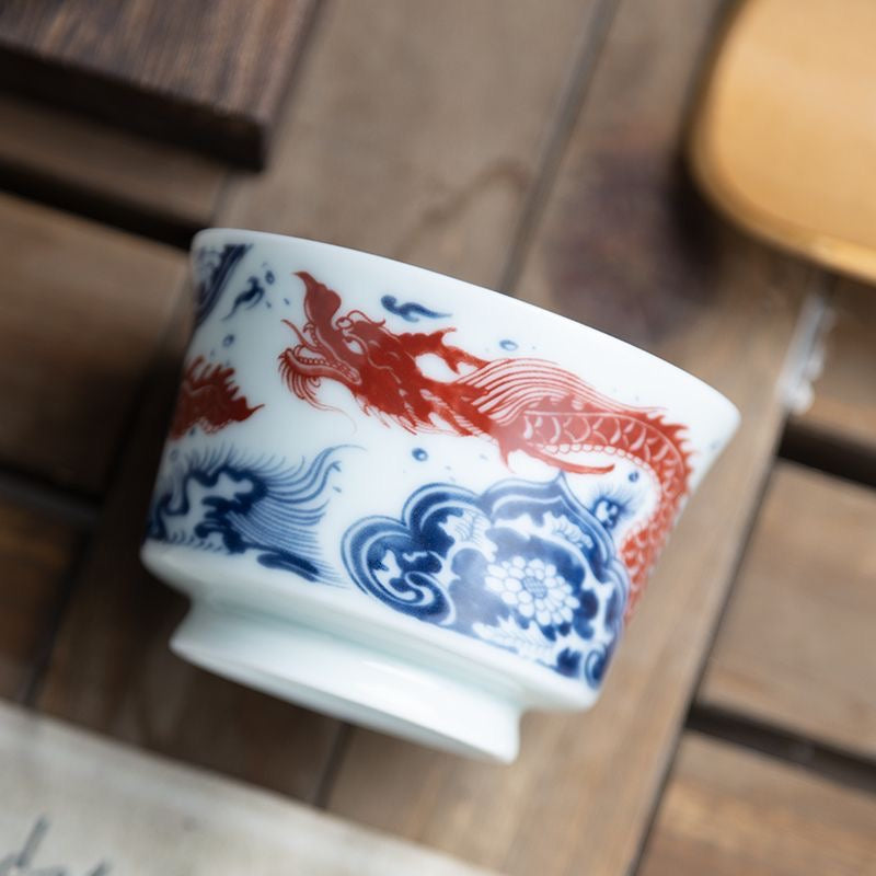Flying Dragon | Jingdezhen Blue & White Underglaze Red | Horsehoof Cup, Gongfu Tea Cup, Tea Cup