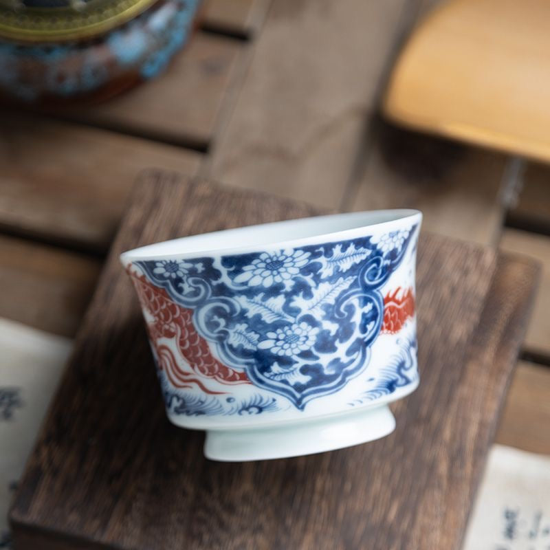 Flying Dragon | Jingdezhen Blue & White Underglaze Red | Horsehoof Cup, Gongfu Tea Cup, Tea Cup