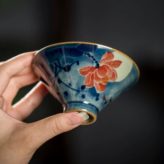 Artisan Lotus Bamboo Hat Cup | Handcrafted Blue & White Gongfu Style Teaware