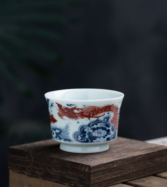 Flying Dragon | Jingdezhen Blue & White Underglaze Red | Horsehoof Cup, Gongfu Tea Cup, Tea Cup