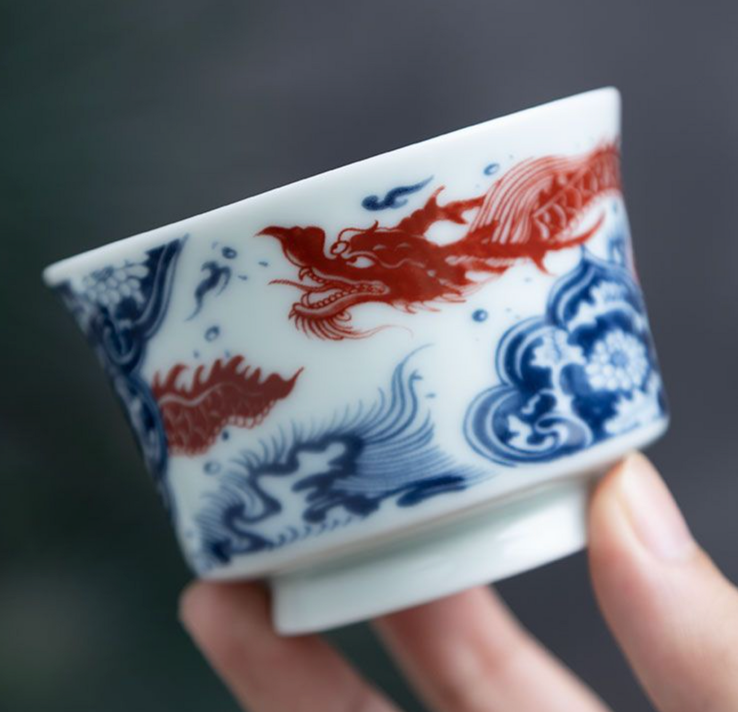 Flying Dragon | Jingdezhen Blue & White Underglaze Red | Horsehoof Cup, Gongfu Tea Cup, Tea Cup
