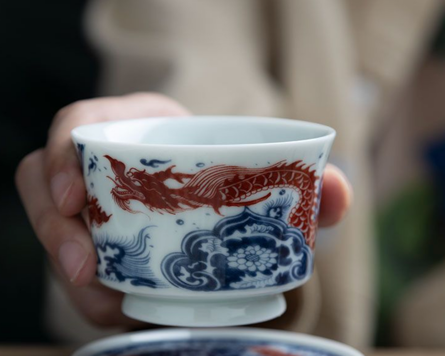 Flying Dragon | Jingdezhen Blue & White Underglaze Red | Horsehoof Cup, Gongfu Tea Cup, Tea Cup